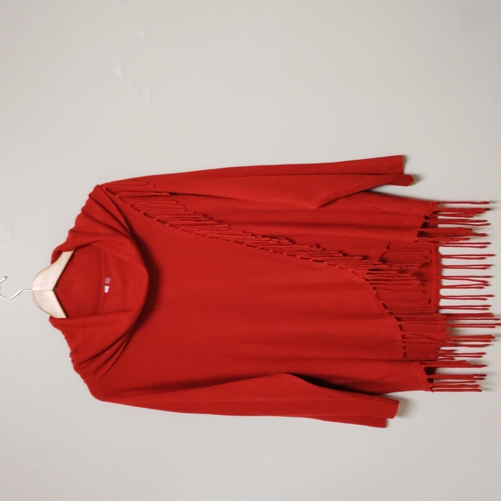 New York Collection oversized women's red fringe pullover  sweater/cowl neck.